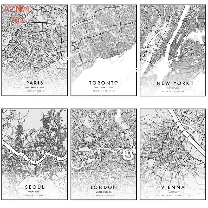Photography Black And White - 도시 지도 아트워크 포스터 파리 뉴욕