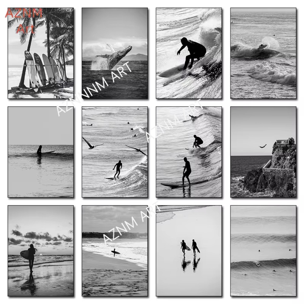 1PC, 고급 서핑 흑백 사진 포스터 해변 고래 프린트 - Photography Black And White 리뷰 및 가격
